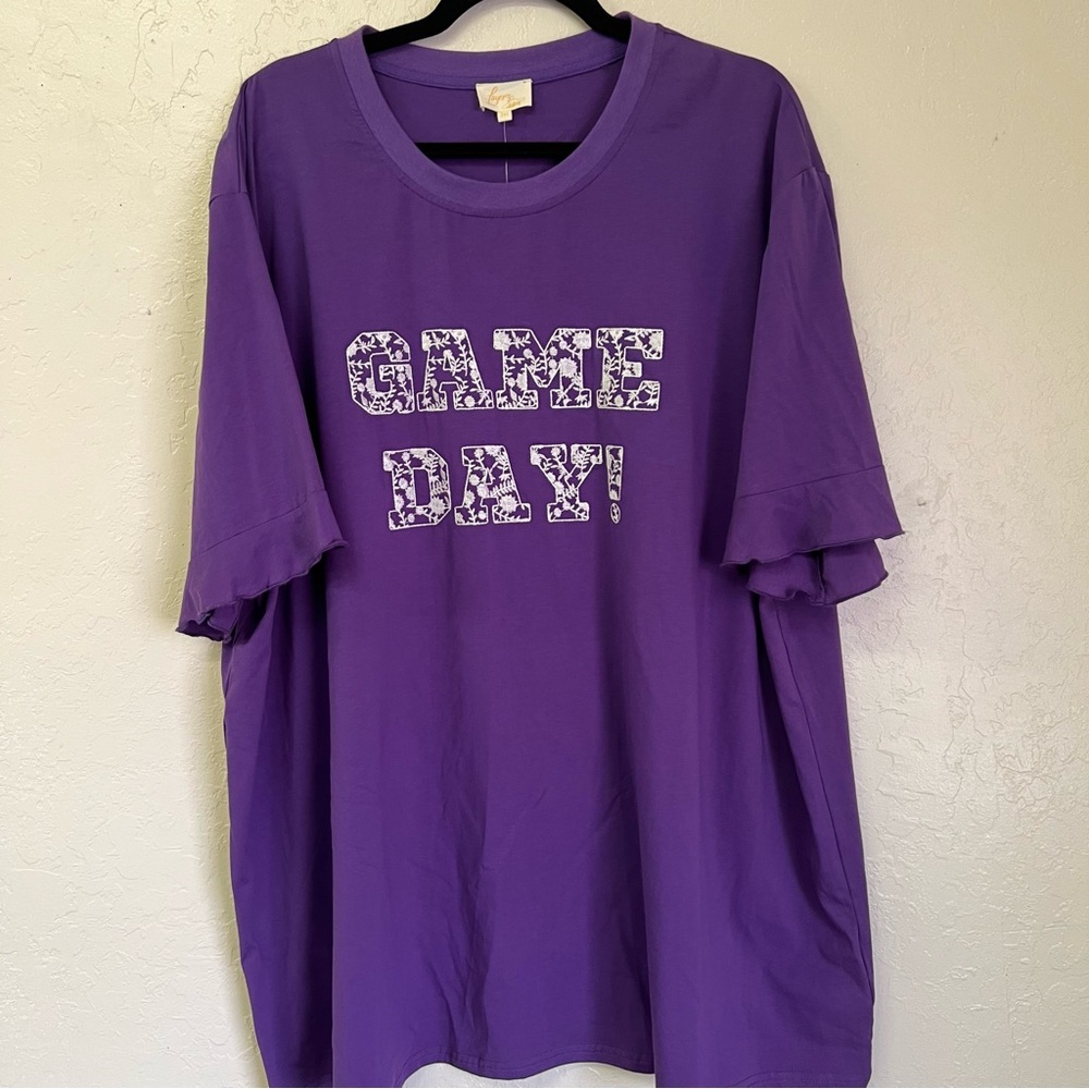 Layerz Embroider Game Day Spirit Tee Purple White Sports Ruffle Sleeve Sz 3X NWT